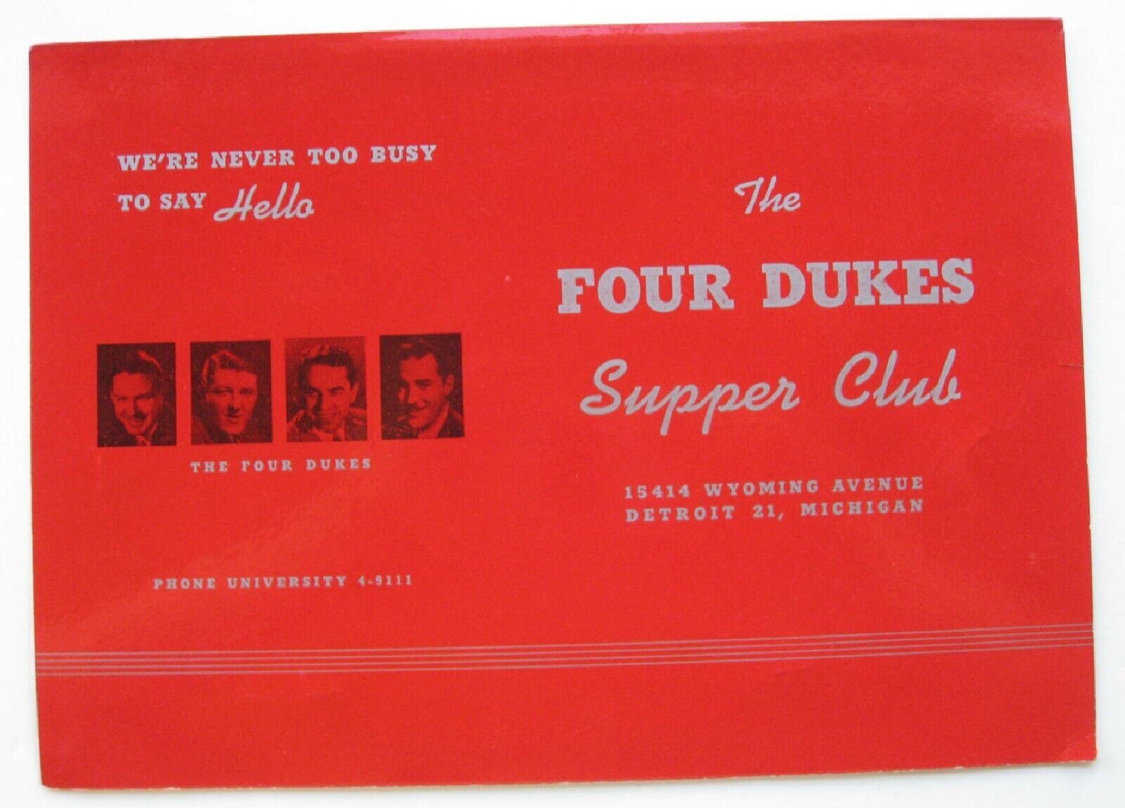 Restaurant Menu For The Four Dukes Supper Club, Detroit, Michigan 50\'s