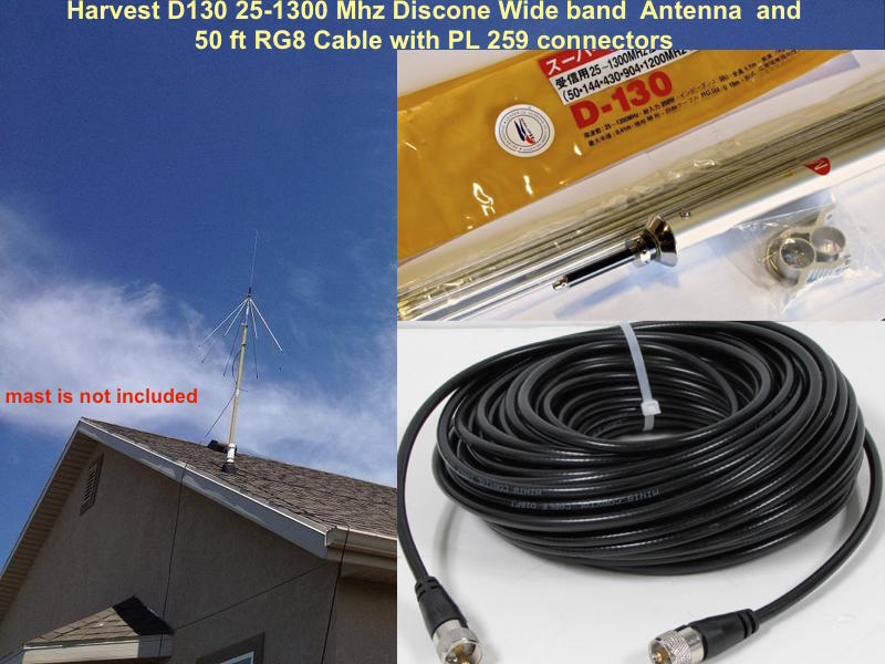 Harvest D130 25-1300mhz Super Discone Wide Band Base Antenna and 50ft RG8x Cable