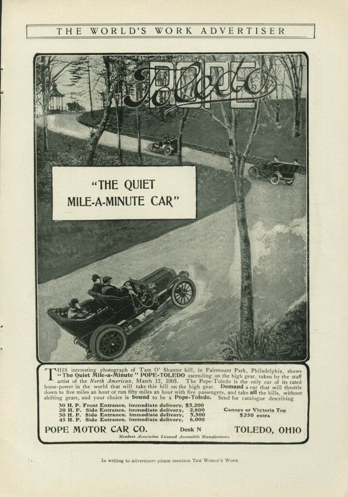 1907 Pope Motor Car TOLEDO Quiet Mile A Minute OHIO AD