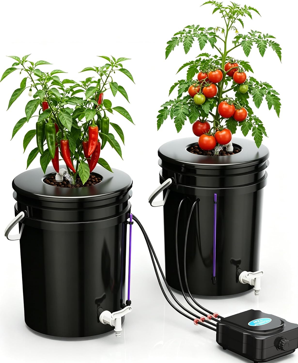 2 Buckets 5 Gallon DWC Hydroponic System, Built-In Drain Tap