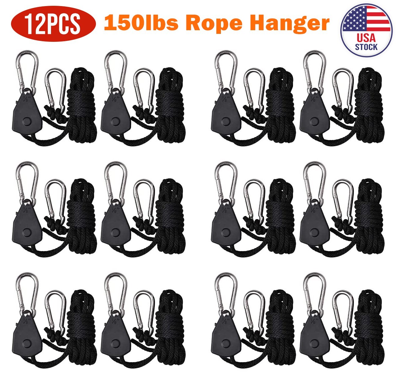 12pcs Grow Light Rope Hanger Ratchet Reflector Adjustable Hangers 150lbs 1/8